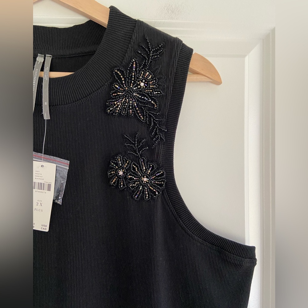 Anthropologie Black Beaded Applique Tank Top Sleeveless Ribbed Cotton Knit Sz 2X - Picture 9 of 16